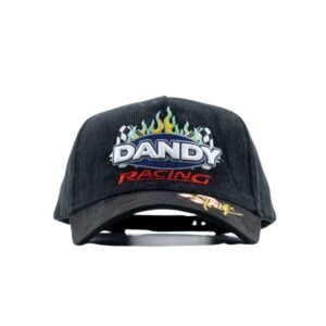 Gorra negra Dandy Hats Racing Flames con bordado 3D, llamas azules y detalles de carreras