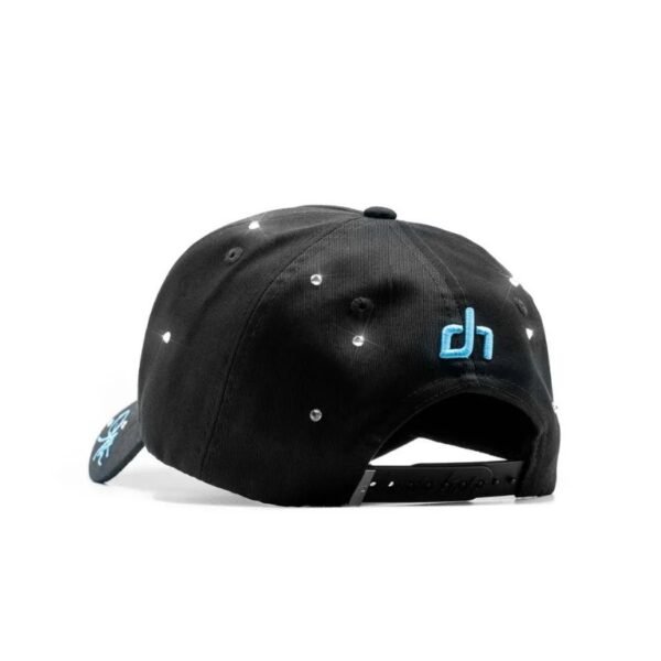 Gorra Dandy Ice Signature – Parte trasera Vista posterior de gorra negra con bordado azul “dh” y broche ajustable snapback