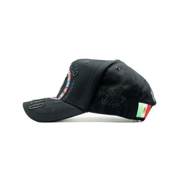 Vista lateral izquierda con logo, texto y bandera mexicana Perfil de gorra edición especial Canelo con bordados laterales