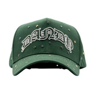 Front view of green Dandy Hats cap with white embroidered "DANDY" text and multicolored rhinestone embellishments.