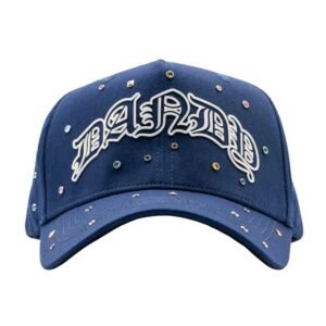 Vista frontal de la gorra Dandy Hats "10 Years Anniversary" en color azul royal, con bordado blanco "DANDY" y pedrería multicolor.