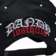 Interior de gorra negra con estampado rojo tipo leopardo y logos Dandy